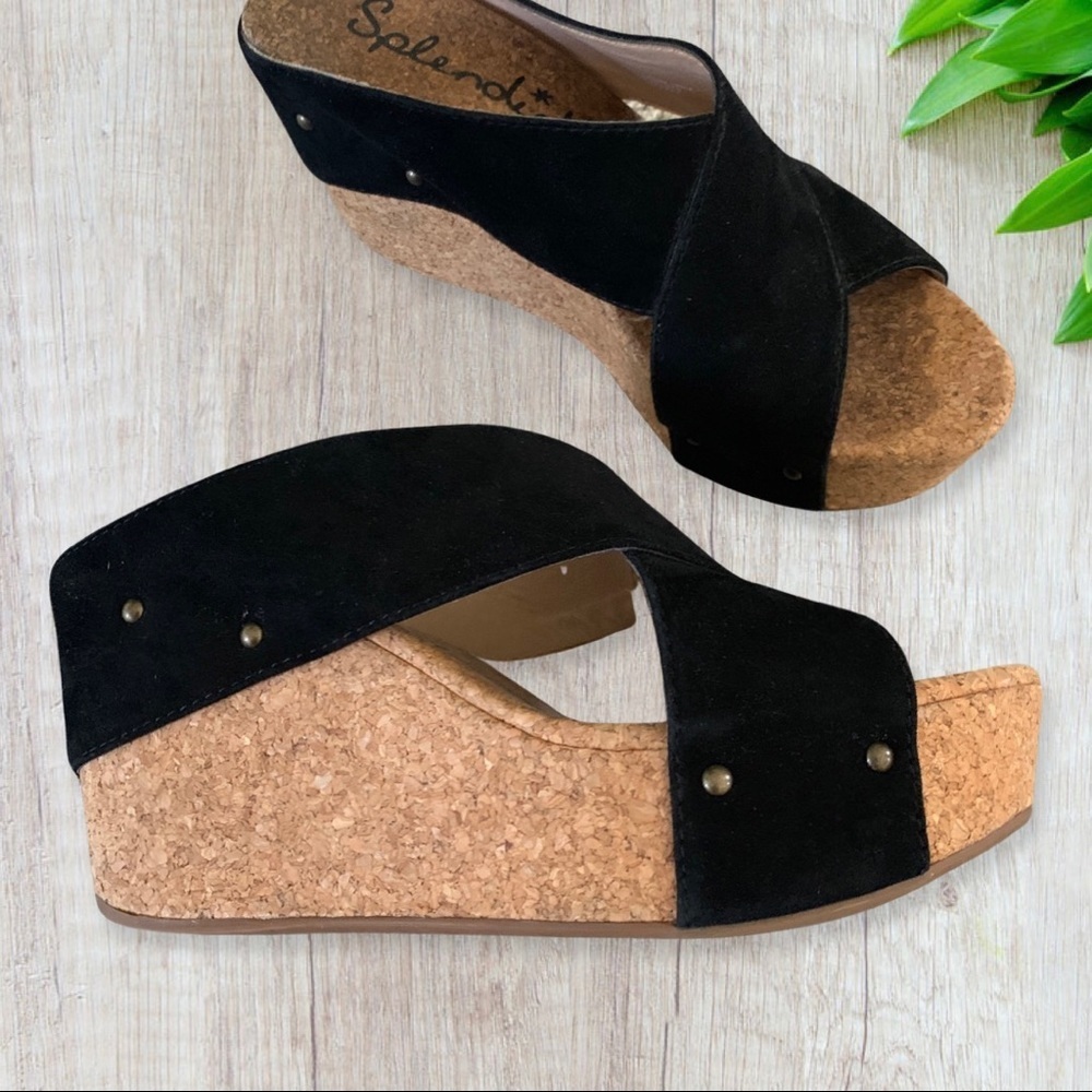 Splendid Gravity Cork Wedge Sandal Black Suede sz 7